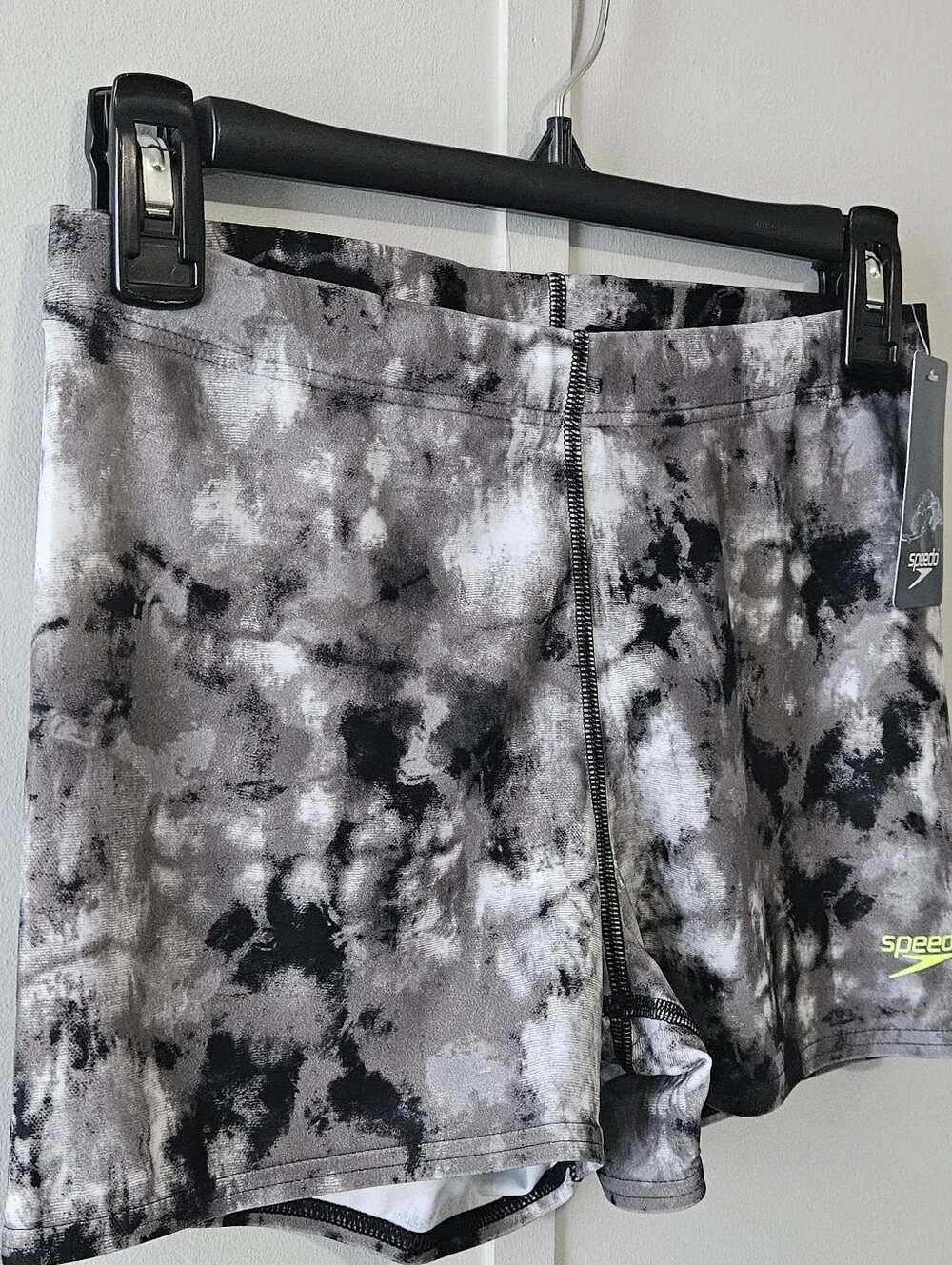 Speedo Size M PowerFlex Eco Black White Marbled Tie Dyed Boys Mens Swim Trunks